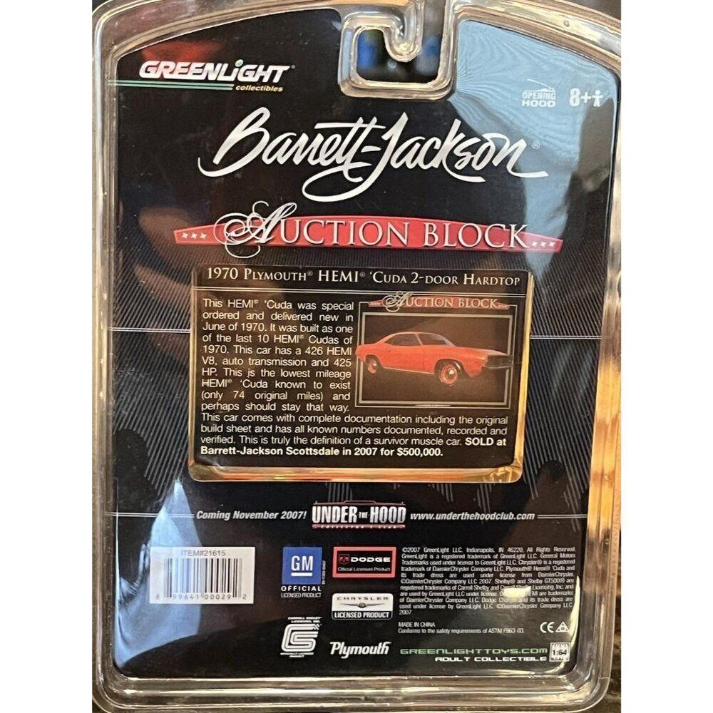 Greenlight Barrett Jackson Auction Block 1970 Plymouth HEMI Cuda 2 Door Hardtop - Picture 3 of 3